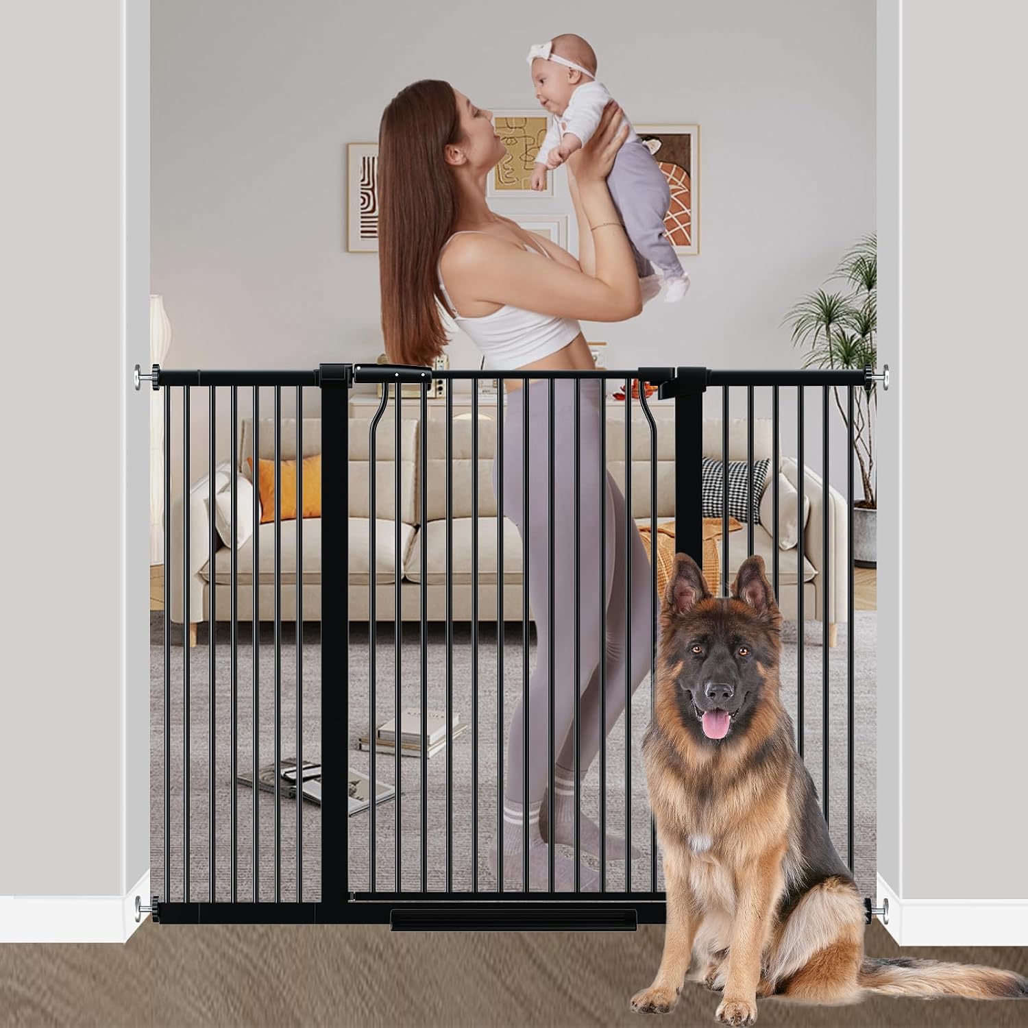 40.55' Extra Tall Baby Gate for Stairs-40.6'-54.7' Wide 1.37' Ultra Narrow Spacing Extra Wide Pet Cat Gate Dog Gate-Auto-Close Pressure Mounted Dog Door for Pets and Kids,Black