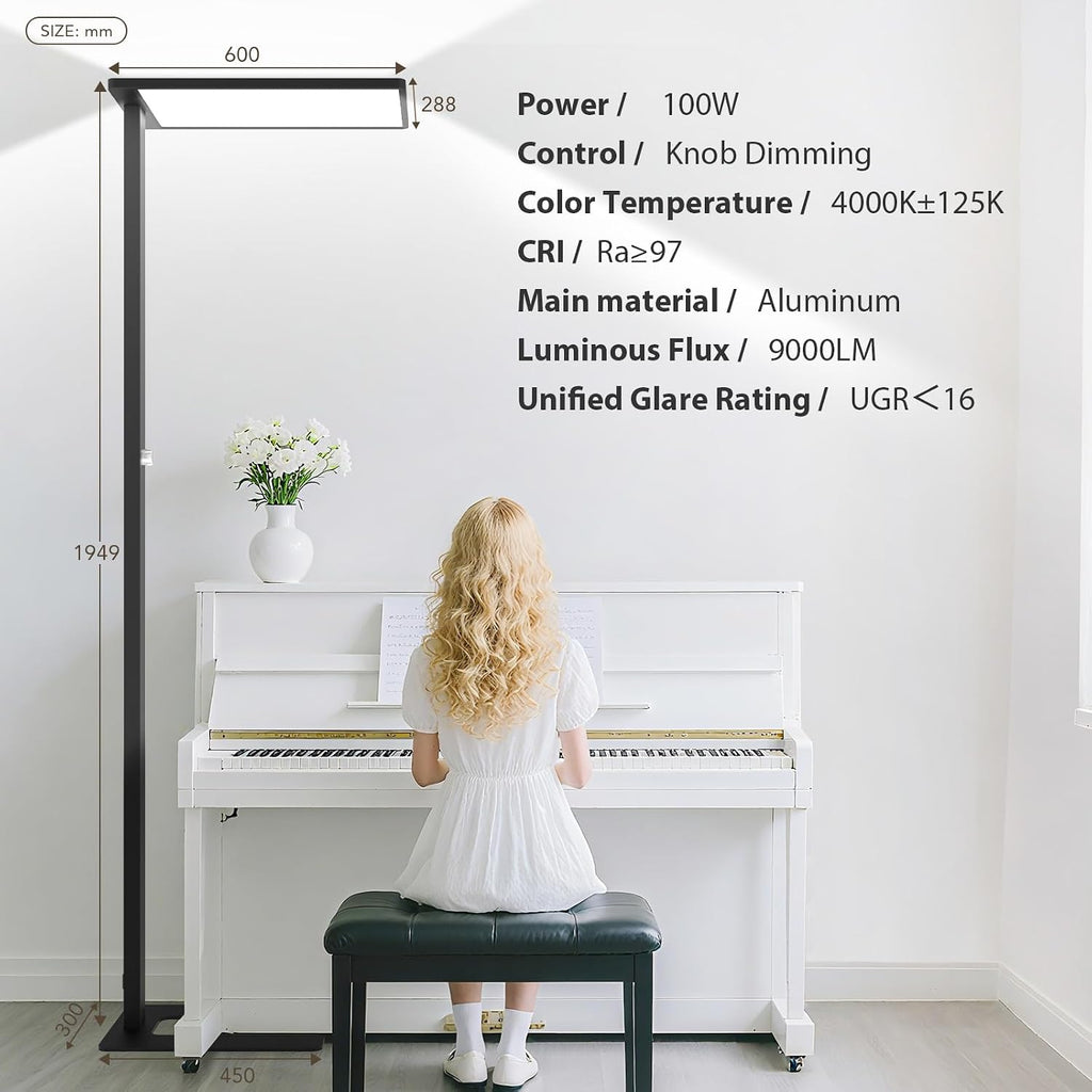 100W LED Floor Lamp, 76.8' Tall Reading Light, 9000LM Knob Dimming Standing Lamp, Full Spectrum Eye Care Reading Lamp, 4000K Natural Daylight for Study Room, Office, Living Room, Bedroom (Black)