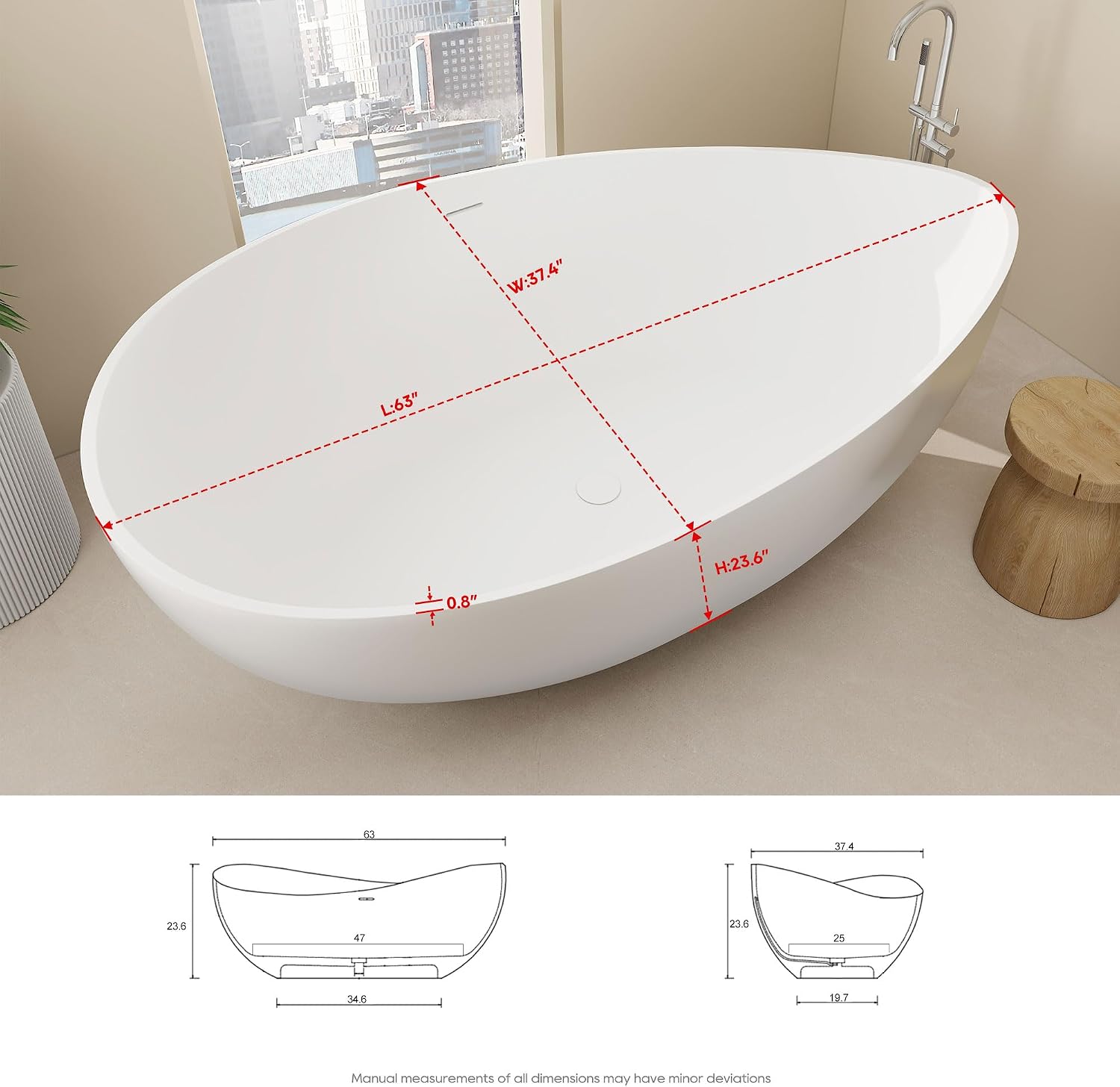 SJ STAR&JANE 63' x 38' Solid Surface Freestanding Bathtub, Oval Soaking Tub with Overflow and Pop-up Drain for Bathroom Matte Black