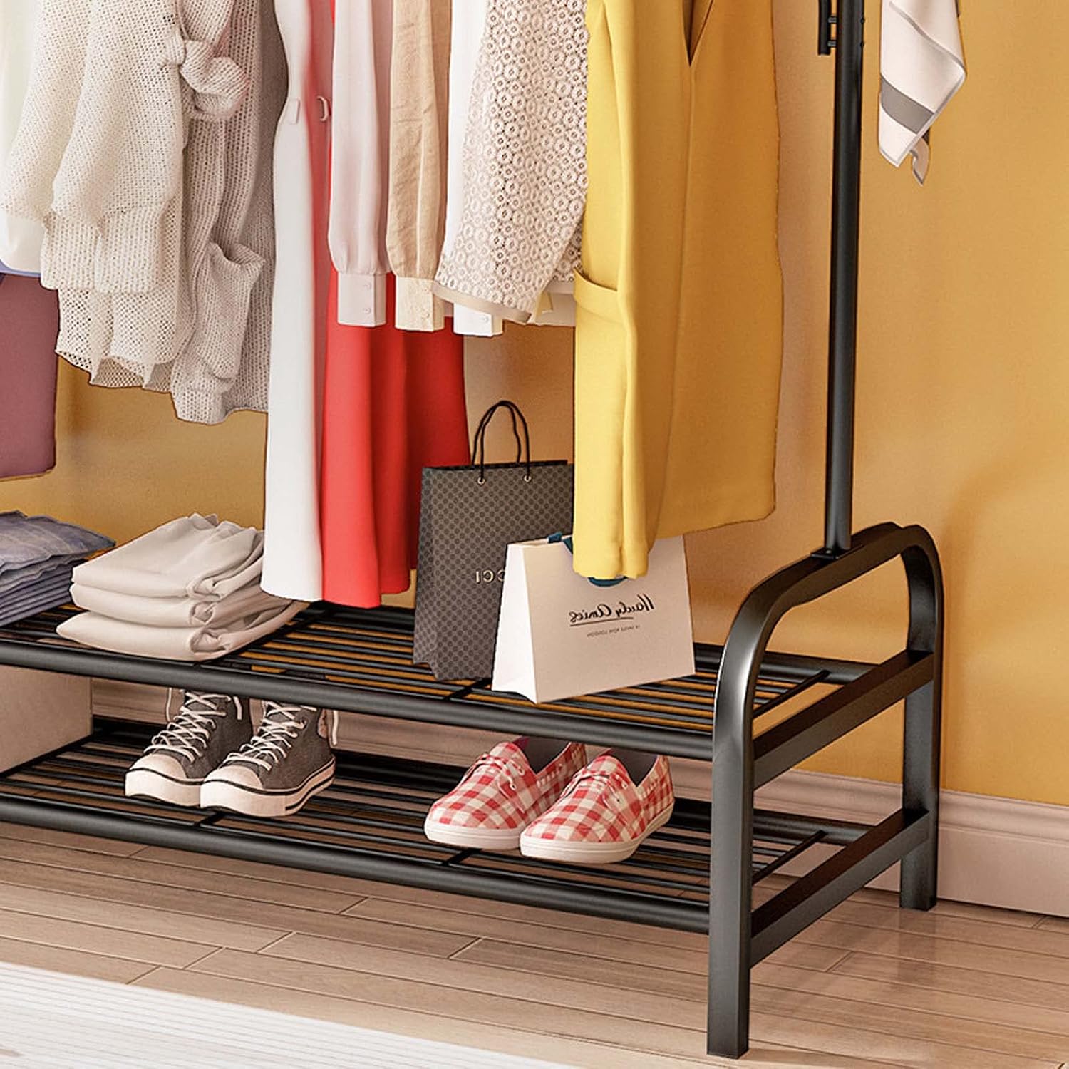 Drying Rack Clothing Foldable Small, Black | Hanger Rack with Shelves, Heavy Duty, Windproof Hooks, Indoor Outdoor