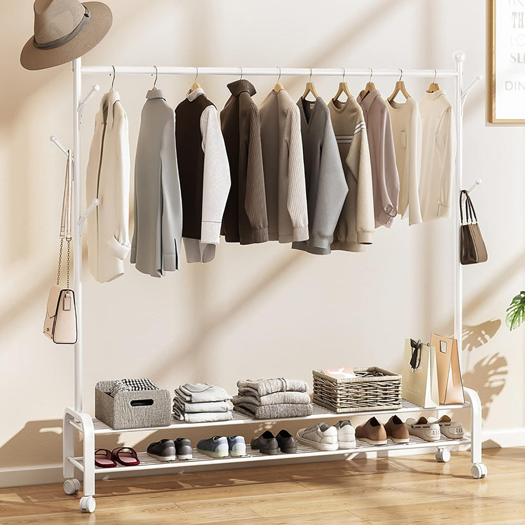 Clothing Rack, Heavy Duty Clothes Rack Portable Garment Rack,with 2-Tier Shelves,5 Side Hooks,Wheels,Multifunctional Storage Shelf Organizer,150x34x173cm