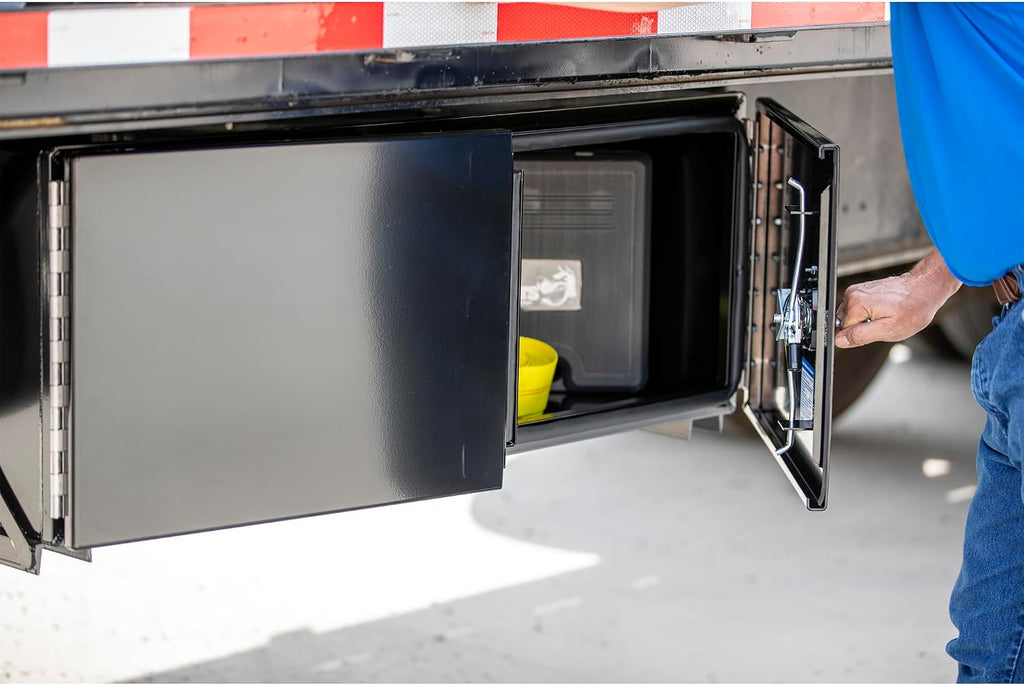 Buyers Products 1705805 Underbody Tool Box With Barn Door, 18x18x36 Inch, Black Powder-Coated, Made in USA, .100 inch Smooth Aluminum, 3-Point Locking, Truck Storage Toolbox For Work Vehicles