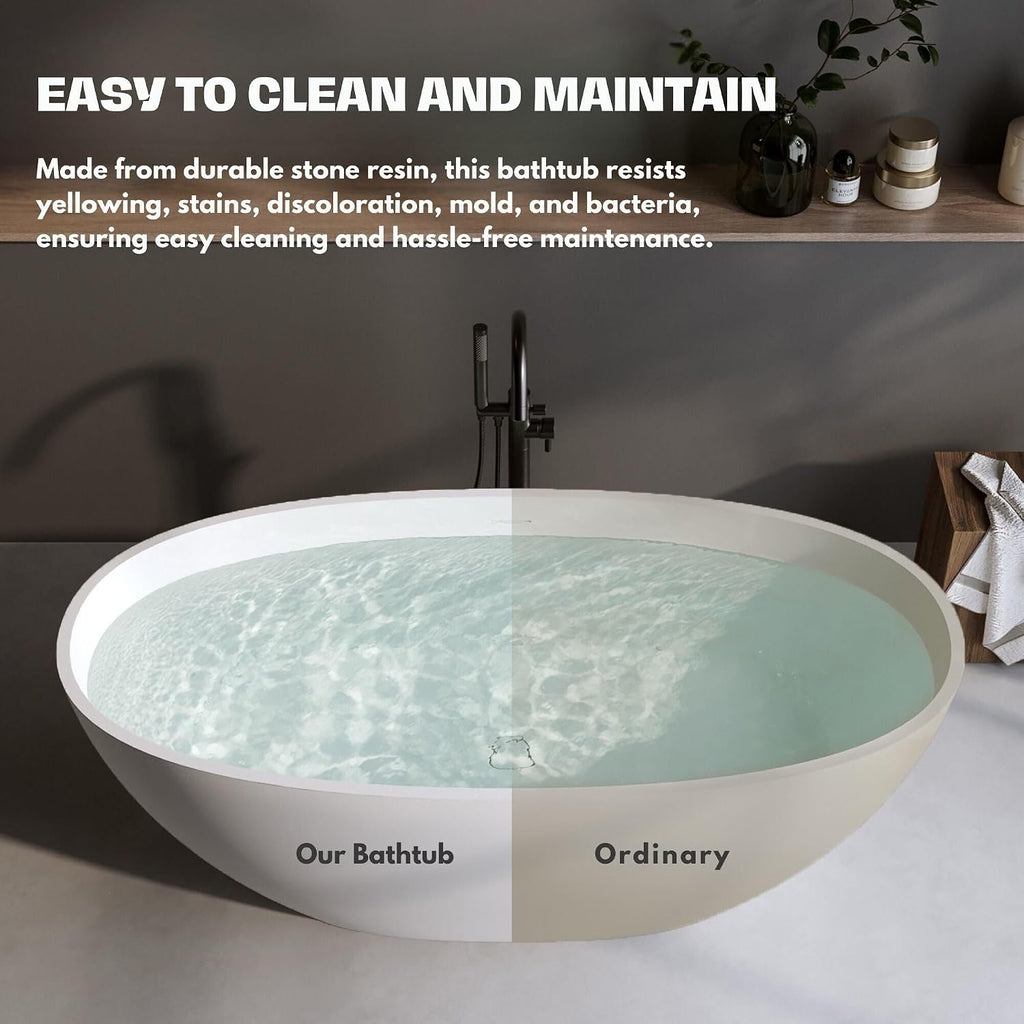 H2O Oval 59 in. x 30.7 in. Solid Surface Stone Resin Freestanding Bathtub, 15 in. Soaking Depth, Ergonomic Backrest, Matte White, Center Drain with Overflow, Durable, Easy to Clean