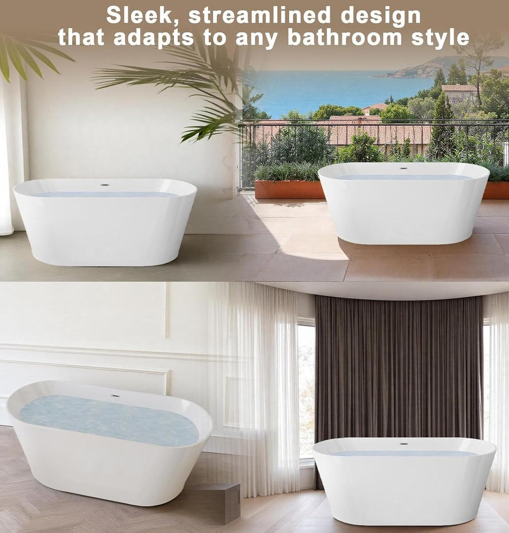 59' Acrylic Freestanding Bathtub, Stand Alone Soaking Tub, Glossy White Acrylic, Toe-tap Chrome Drain, cUPC Certified