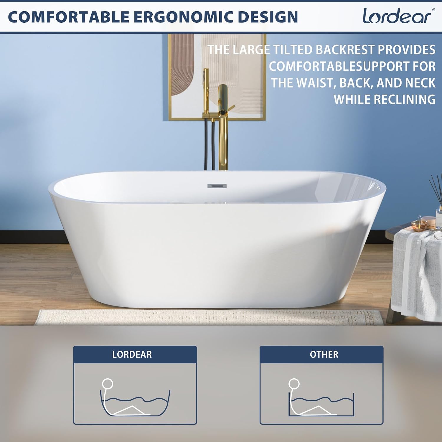 Lordear Freestanding Tub Soaking 67 Inch High Back Acrylic Stand Alone Bath Tub for Bathroom with Overflow and Drain #LTUB7109-67-C