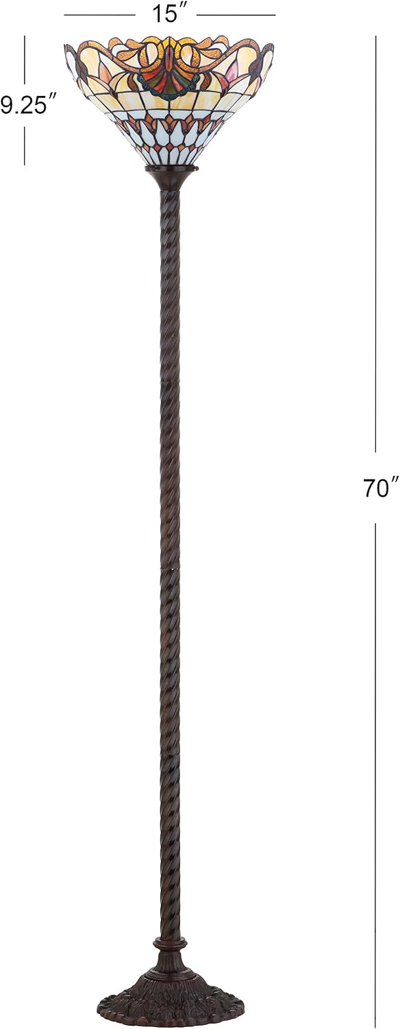 JONATHAN Y 70' Bronze Tiffany-Style Stained Glass Torchiere LED Floor Lamp, Traditional Handcrafted Iron Standing Light with Foot-Step Switch, LED Bulb Included JYL8003A