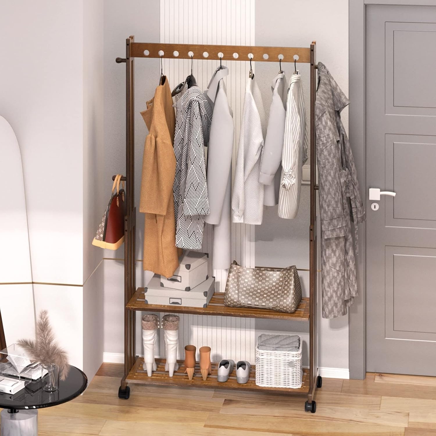 Rustic Wooden Clothes Rack Freestanding Bamboo Garment Stand On Wheels 40.94x12.68x65.35 Inch Brown Wood Glossy Rolling