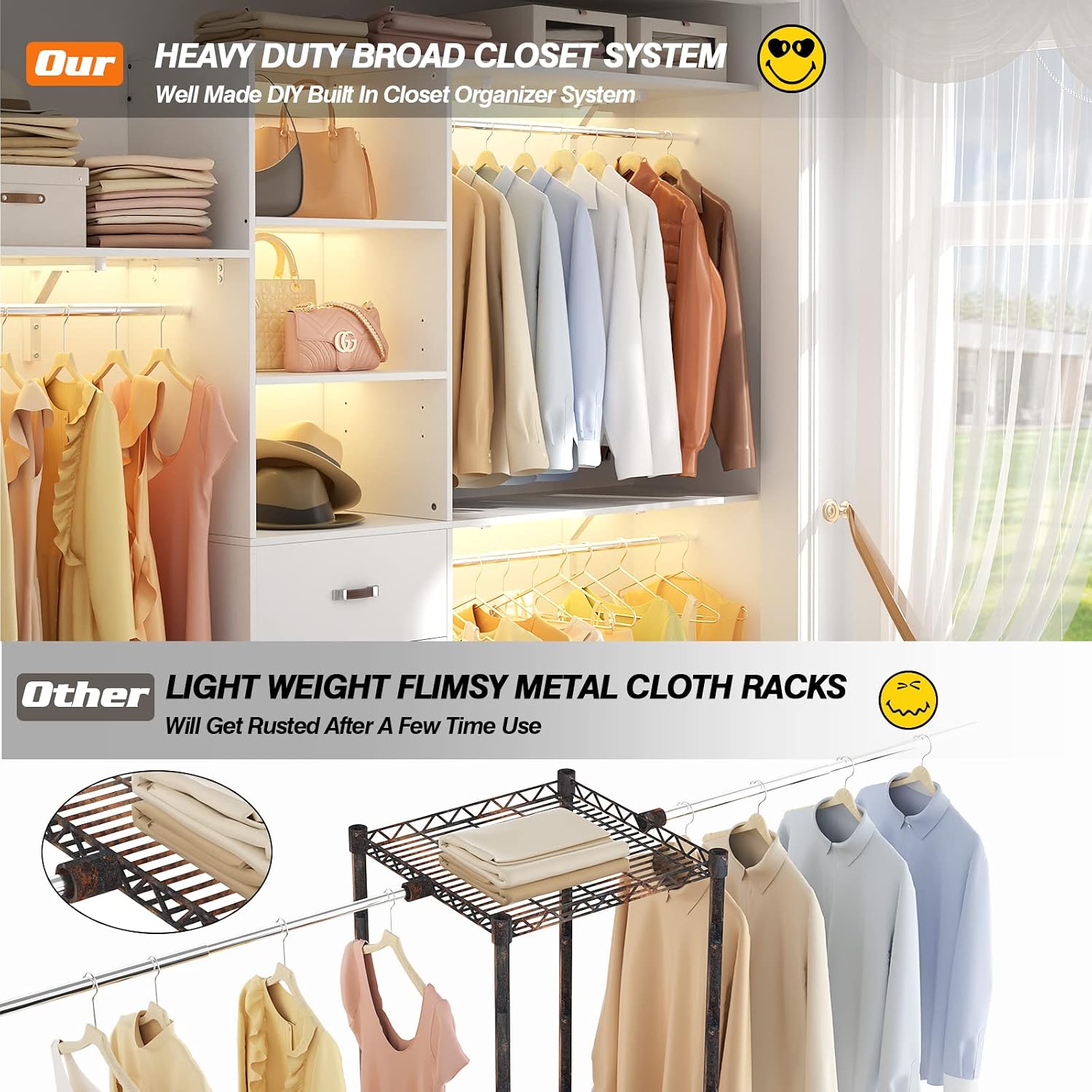 Armocity 96' Wood Closet System with 3 Enclosed Drawers & 3 Solid Shelves, 8FT Adjustable Closet Organizers and Storage, Heavy Duty Modular Wardrobe for Reach-In & Walk-In, 1000 LBS Load, White