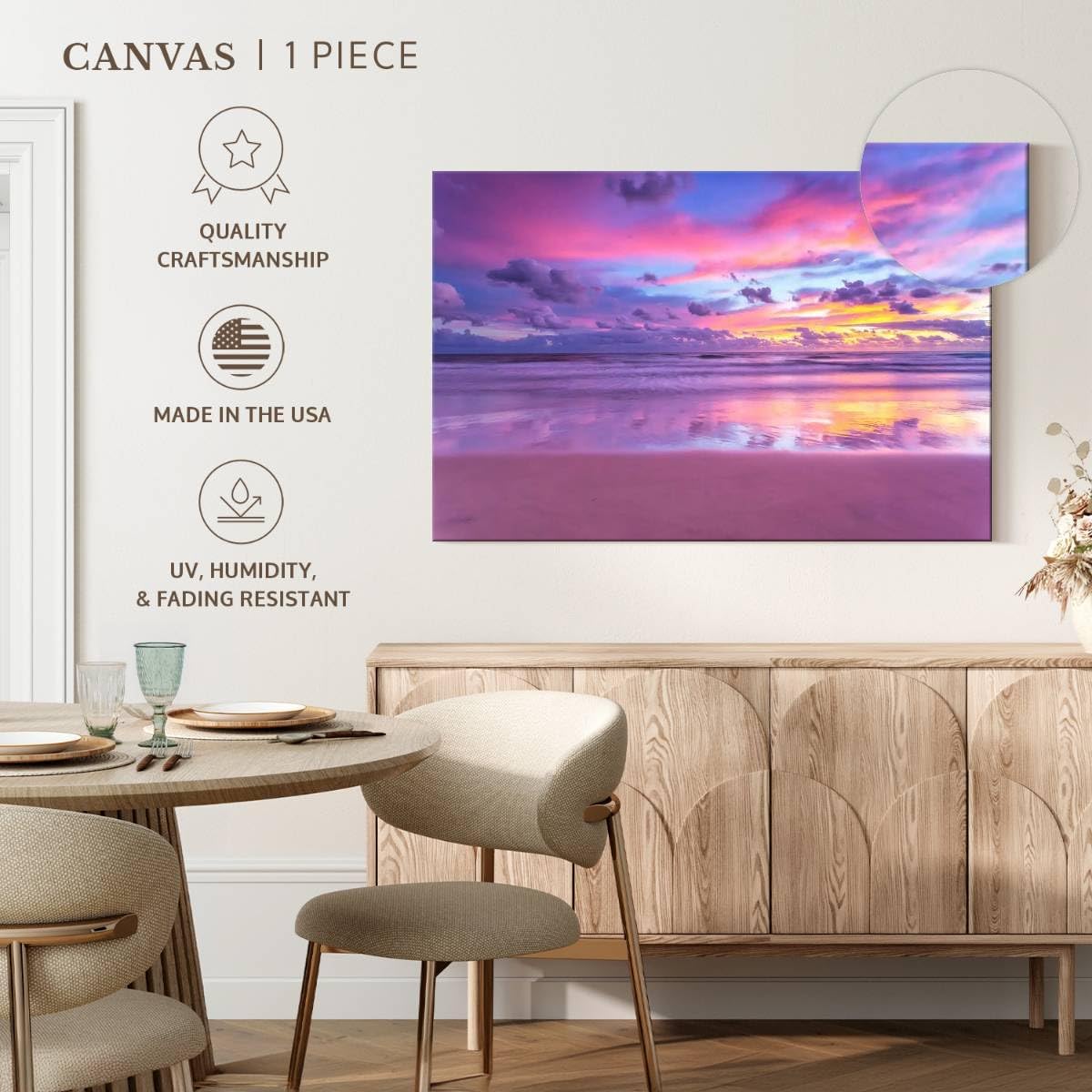ElephantStock Cotton Candy Beach Sunrise Wall Art - Horizontal Wrapped Canvas - 1-Piece Living Room Wall Decor - Photography Beach Canvas Print - Purple and Pink Decor for Wall - 36' X 24'