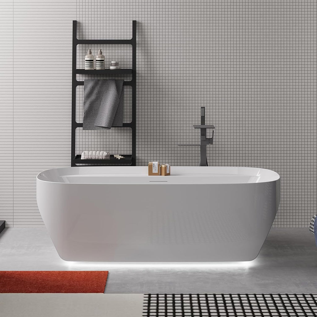 Cpingao 59' Acrylic Freestanding Bathtub, Contemporary Oval Shape Soaking Tub, Chrome Drain & Integrated Slotted Overflow Assembly Included, Glossy White