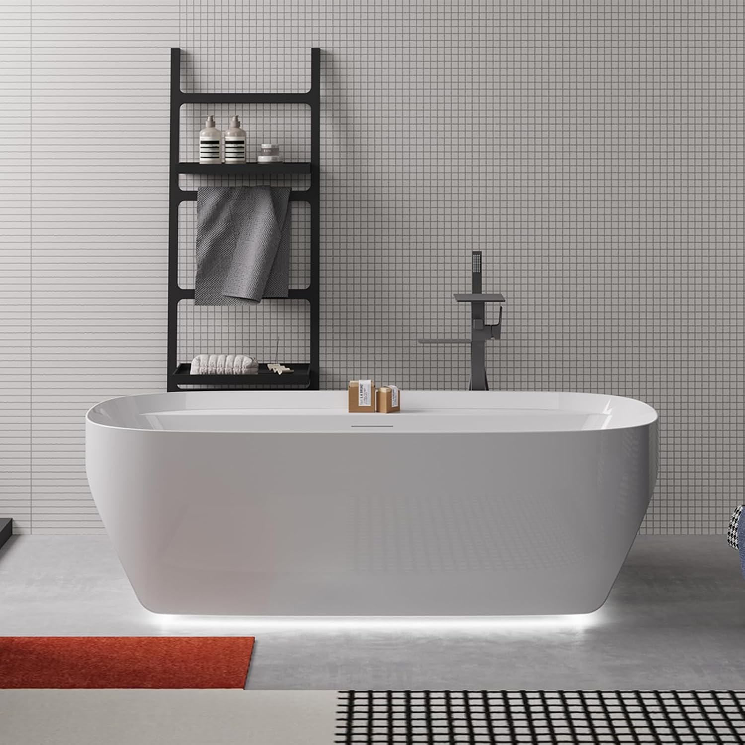 Cpingao 59' Acrylic Freestanding Bathtub, Contemporary Oval Shape Soaking Tub, Chrome Drain & Integrated Slotted Overflow Assembly Included, Glossy White