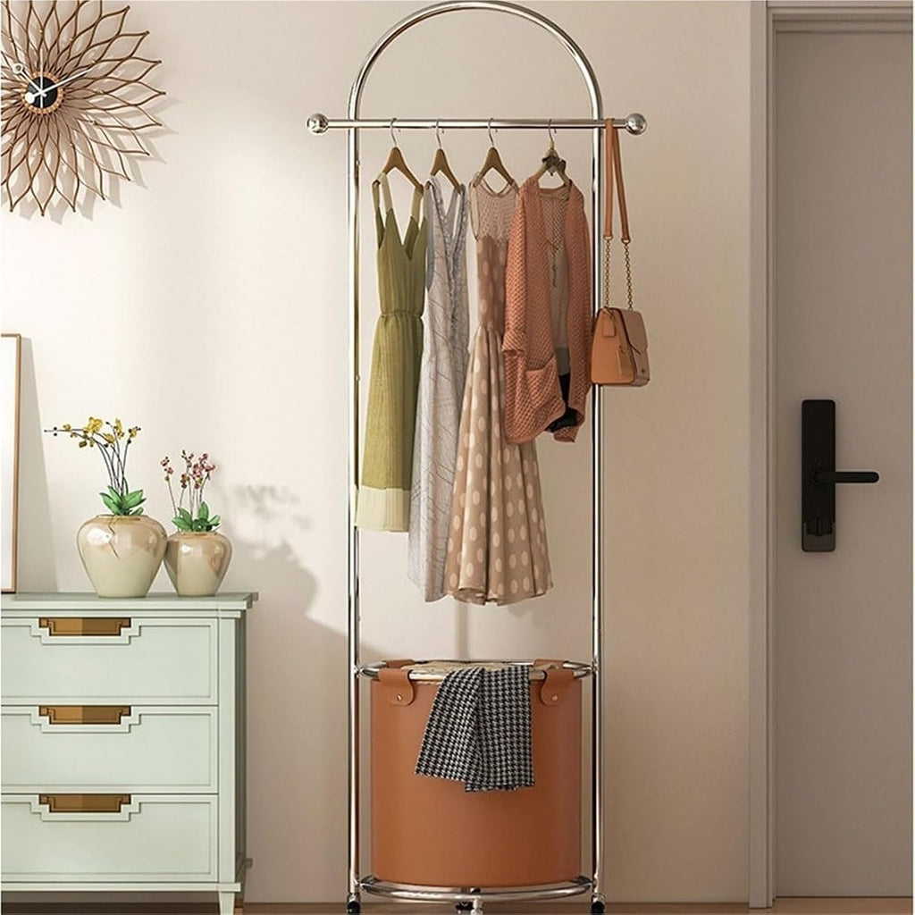 Rolling Garment Rack with Round Storage Basket Freestanding Mobile Clothes Racks Coat Organizer Hanging Racks for Home Heavy Duty(Black)