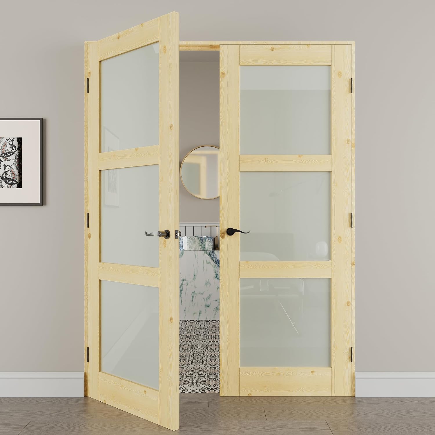 60' x 80' French Doors Interior (Double 30' x 80' 3-Lite Frosted Glass Pine Wood Door with Black Hinge Prehung Jamb Kit), Unifinished Natural Wood, Prebuilt Home Door Panels & Assembly Required Jamb