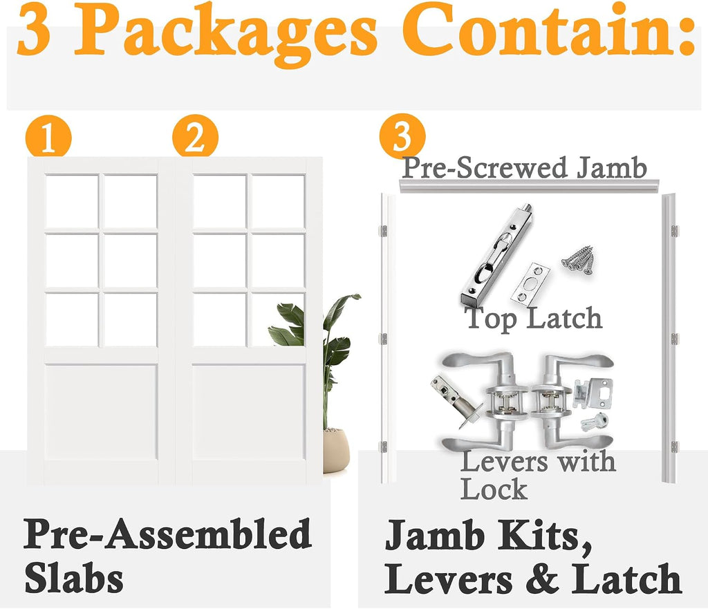 Prehung French Door 72'x80' (2x36 in), 6-Lite Tempered Clear Glass Door Slabs with Jamb, Silver Hinges, 4 Levers & Latch, Solid Core Interior Door, Pre-Finished & Paintable, MDF Double Doors Interior