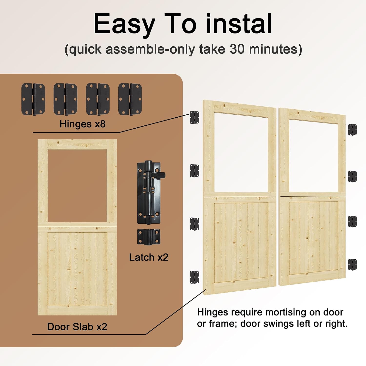 Exterior Dutch Door Slab, 60' x 80', Universal 1 Lite Panel Split Single Doors, Solid Core Home Door, Natural Pine Wood - with 8 Black Hinges & 2 Latch, Without Jamb