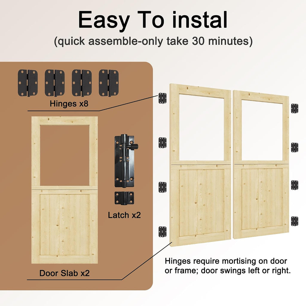 Exterior Dutch Door Slab, 72' x 80', Universal 1 Lite Panel Split Single Doors, Solid Core Home Door, Natural Pine Wood - with 8 Black Hinges & 2 Latch, Without Jamb