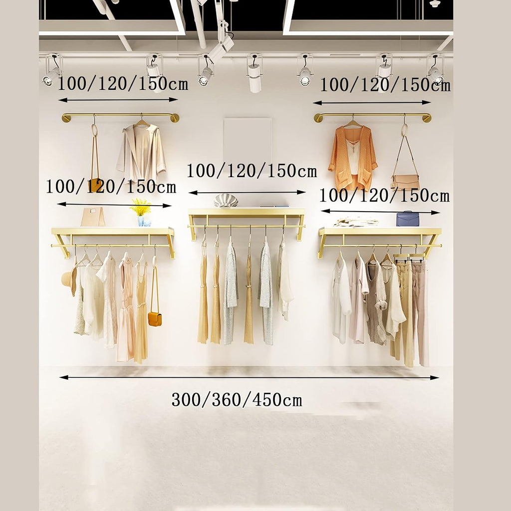 5pcs Clothing Garment Rack Wall Mounted with Wood Shelf,Clothing Store Floating Shelf,Retail Display Clothes Racks Heavy Duty Organizer Hanger Metal Sturdy (C-300cm