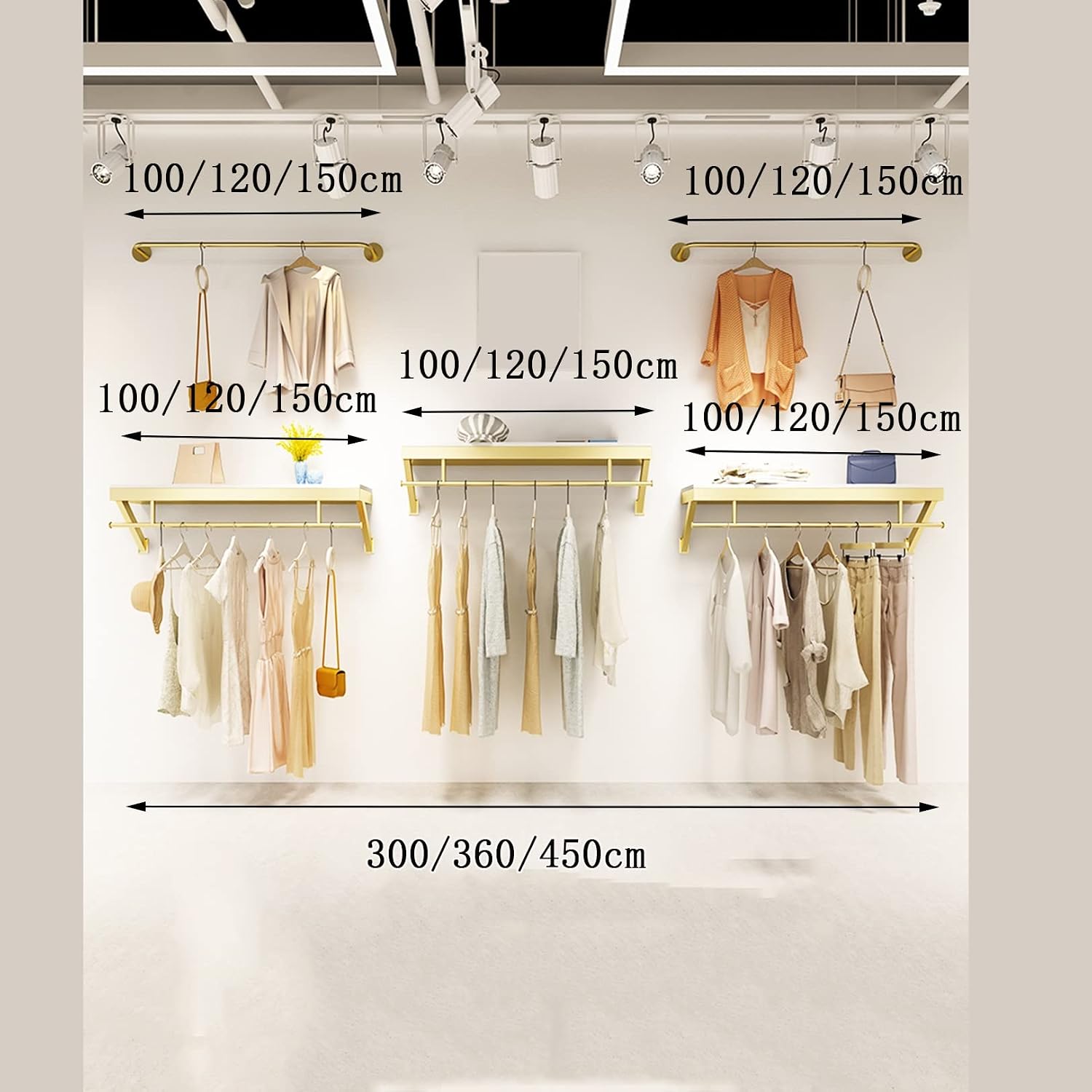5pcs Clothing Garment Rack Wall Mounted with Wood Shelf,Clothing Store Floating Shelf,Retail Display Clothes Racks Heavy Duty Organizer Hanger Metal Sturdy (C-300cm