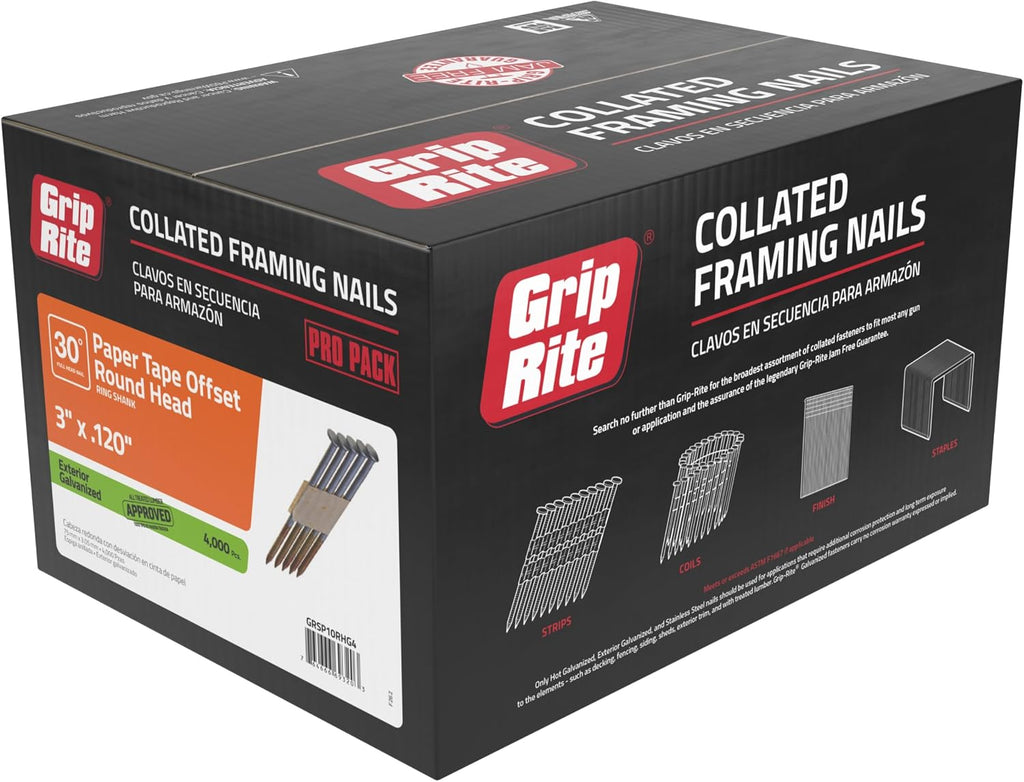 Grip-Rite 30-Degree Framing Nails - Exterior Galvanized - Clipped Head - Paper Collated Nails for Exterior Framing - 3' x .120' - 4M Box (4000 Count) - GRSP10RHG4