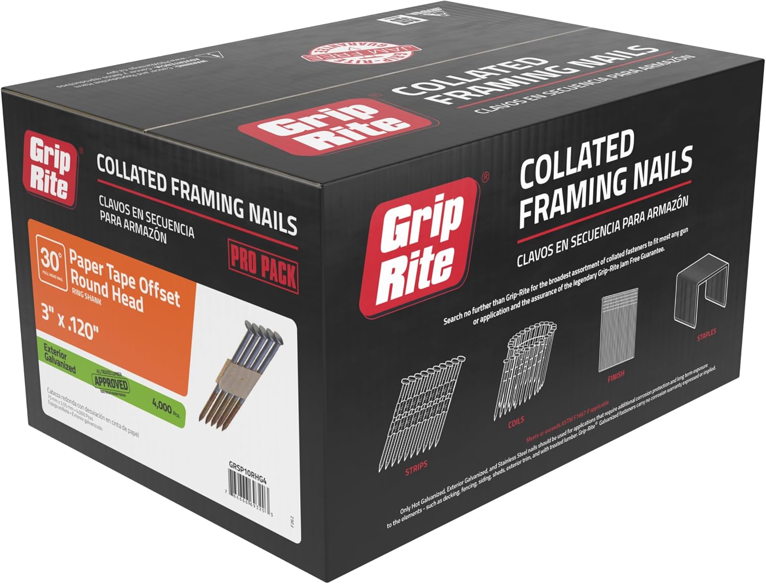 Grip-Rite 30-Degree Framing Nails - Exterior Galvanized - Clipped Head - Paper Collated Nails for Exterior Framing - 3' x .120' - 4M Box (4000 Count) - GRSP10RHG4