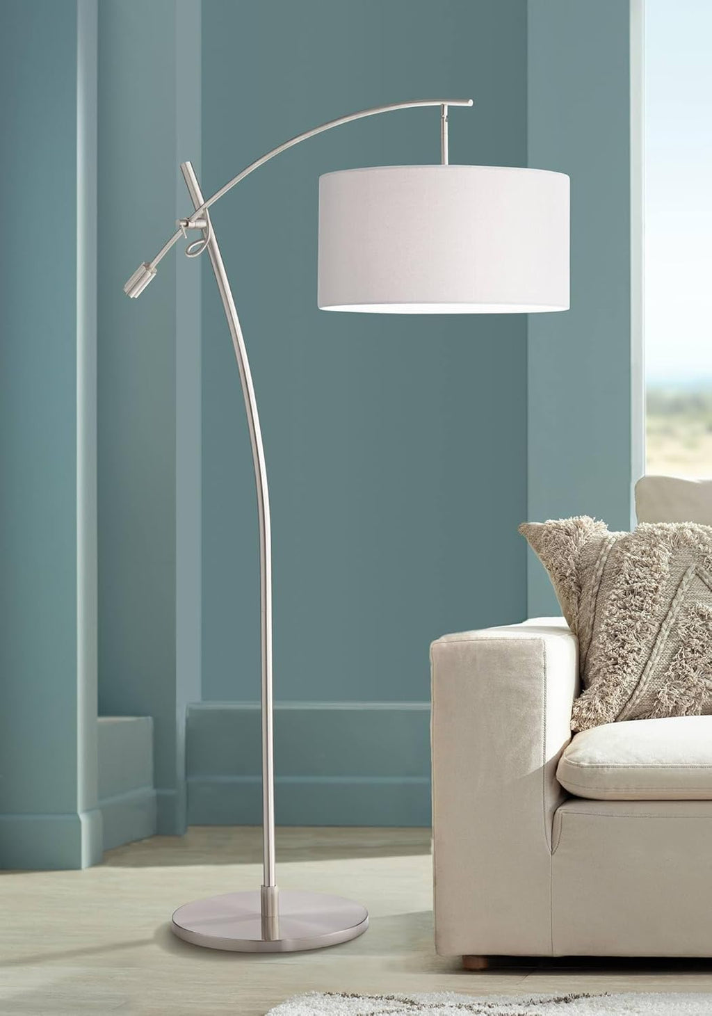 Possini Euro Design Raymond Modern Arc Floor Lamp with USB Charging Port 69' Tall Brushed Nickel Off-White Linen Drum Shade Adjustable Boom Arm for Living Room Reading House Bedroom Home Office