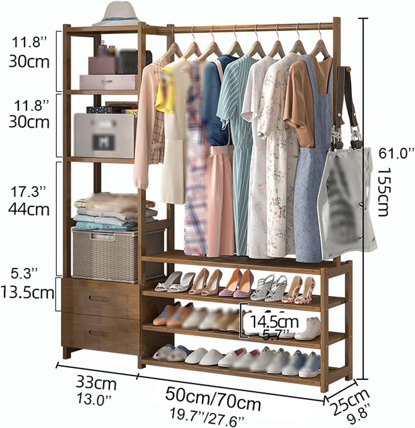 Bamboo Clothing Garment Rack w/3 Tier Shoe Rack & 2 Drawers Heavy Duty Clothes Rack Storage Shelves Multifunctional Wardrobe Closet Organizer for Entryway