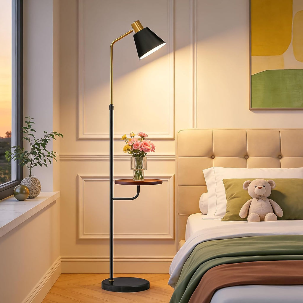 Black Floor Lamp with Walnut Side Table for Living Room Bedroom, Modern Standing Lamp 12W LED 3-Color Dimmable 3000K/4500K/6500K, Adjustable Reading Light with Shelf for Home Office Corner end