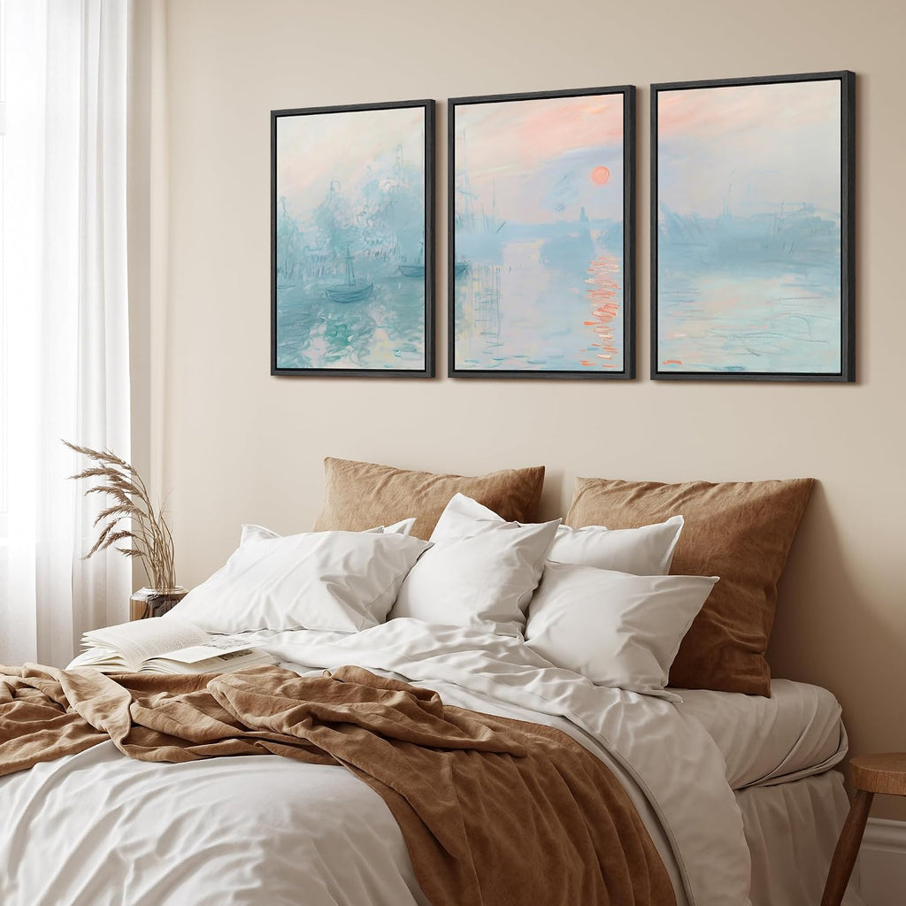 wall26 Framed Canvas Print Wall Art Set Impression, Sunrise Claude Monet Inspired Seascape Illustrations Modern Art Decorative Floral Botanical Minimal for Bedroom - 24'x36'x3 Black