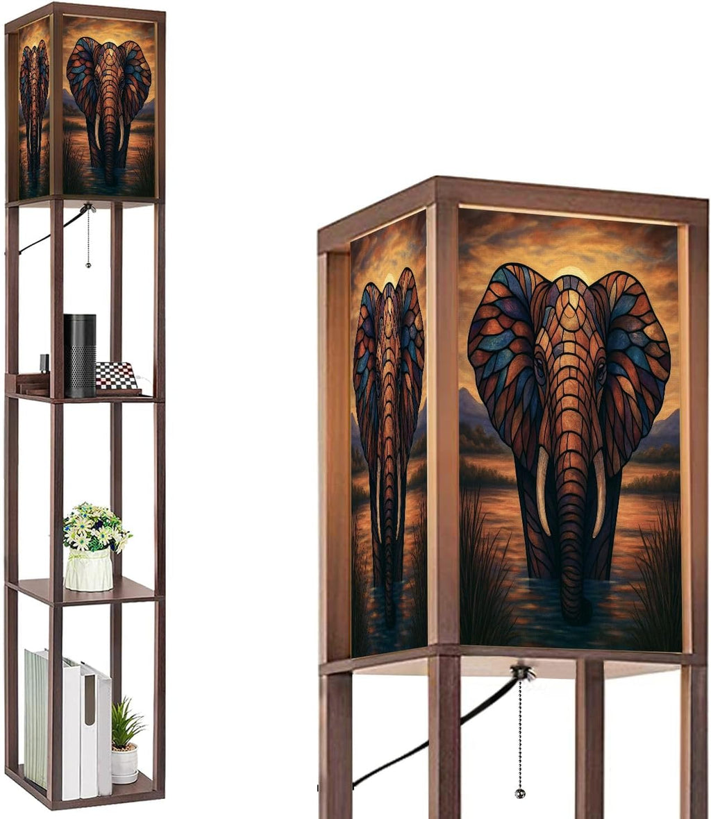 Floor Lamp with Shelves Colored Glass Elephant Sunset Standing Tall Lamp USB Ports & Power Outlet Modern Corner Lamp Nightstand Light for Living Room Bedroom