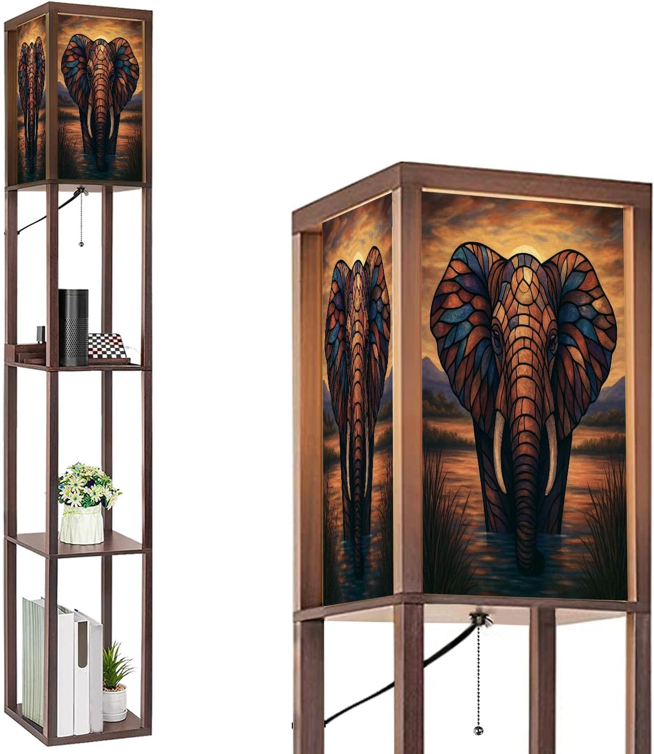 Floor Lamp with Shelves Colored Glass Elephant Sunset Standing Tall Lamp USB Ports & Power Outlet Modern Corner Lamp Nightstand Light for Living Room Bedroom
