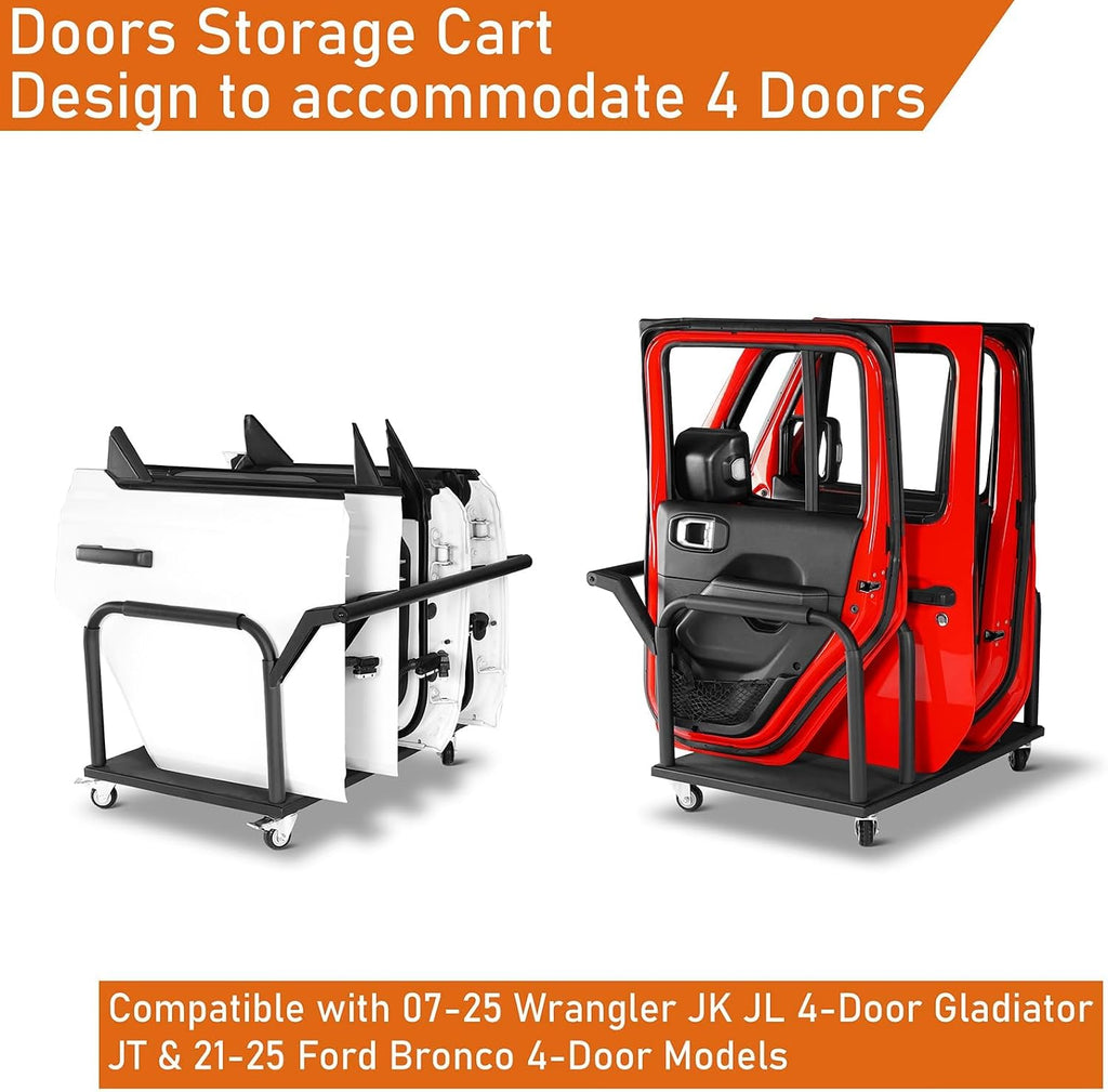 Hooke Road 4 Doors Storage Cart Rack Sliding Door Hanger Compatible with 2007-2026 Jeep Wrangler JK JL Gladiator JT & 2021-2026 Ford Bronco