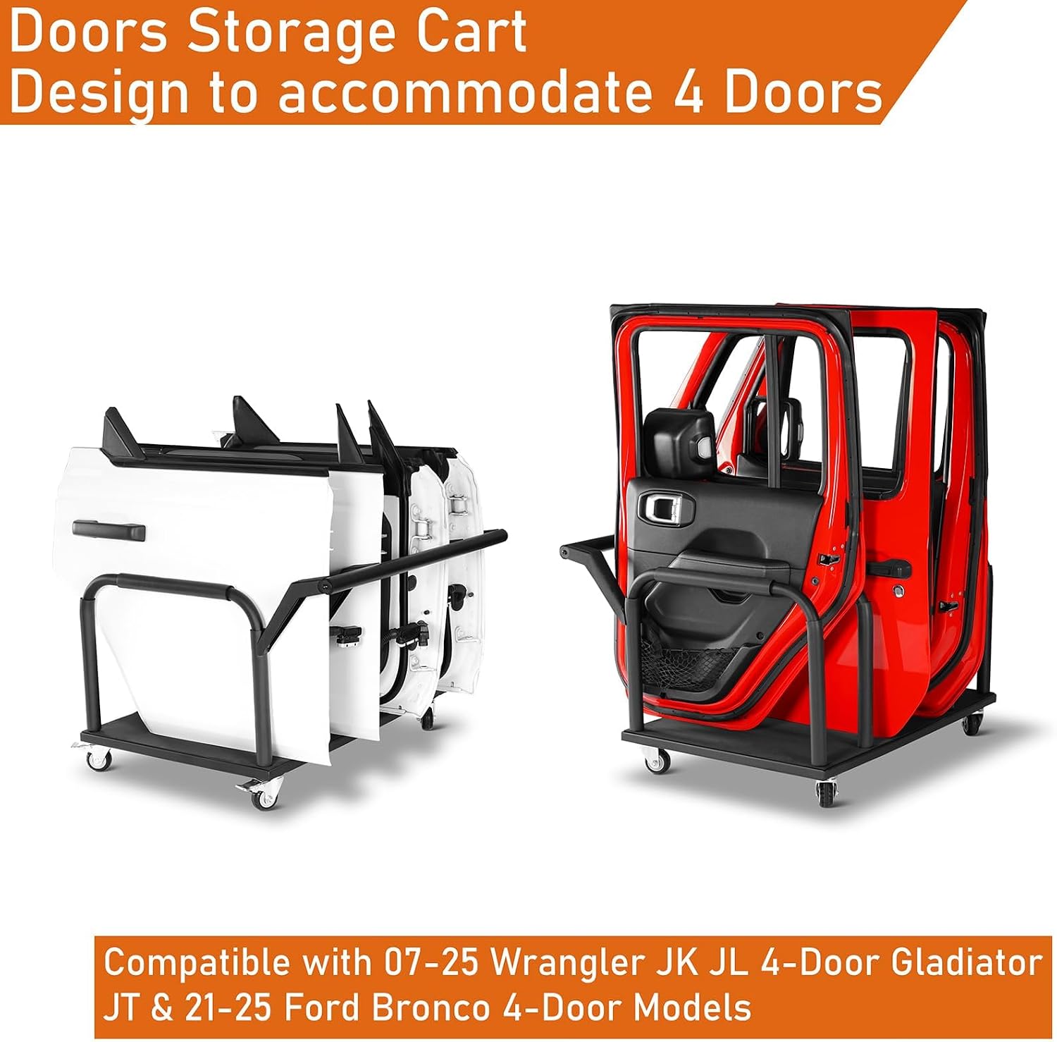 Hooke Road 4 Doors Storage Cart Rack Sliding Door Hanger Compatible with 2007-2026 Jeep Wrangler JK JL Gladiator JT & 2021-2026 Ford Bronco
