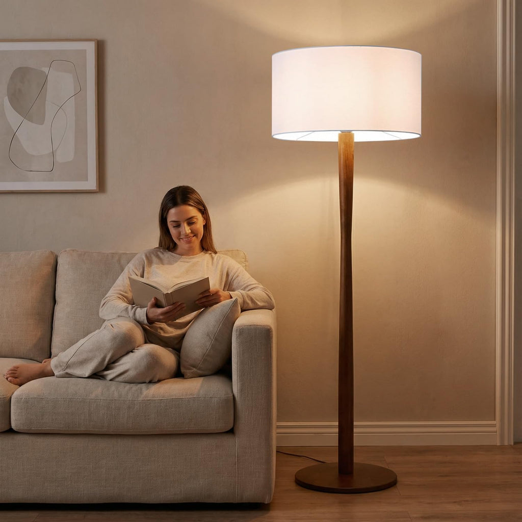 62' Tall Rustic Wood Floor Lamp for Living Room, Farmhouse Walnut Wood Floor Lamps with Linen Shade for Reading, UL Listed Stand Lamps with Woods Base for Bedroom, Corner, Office, White Shade
