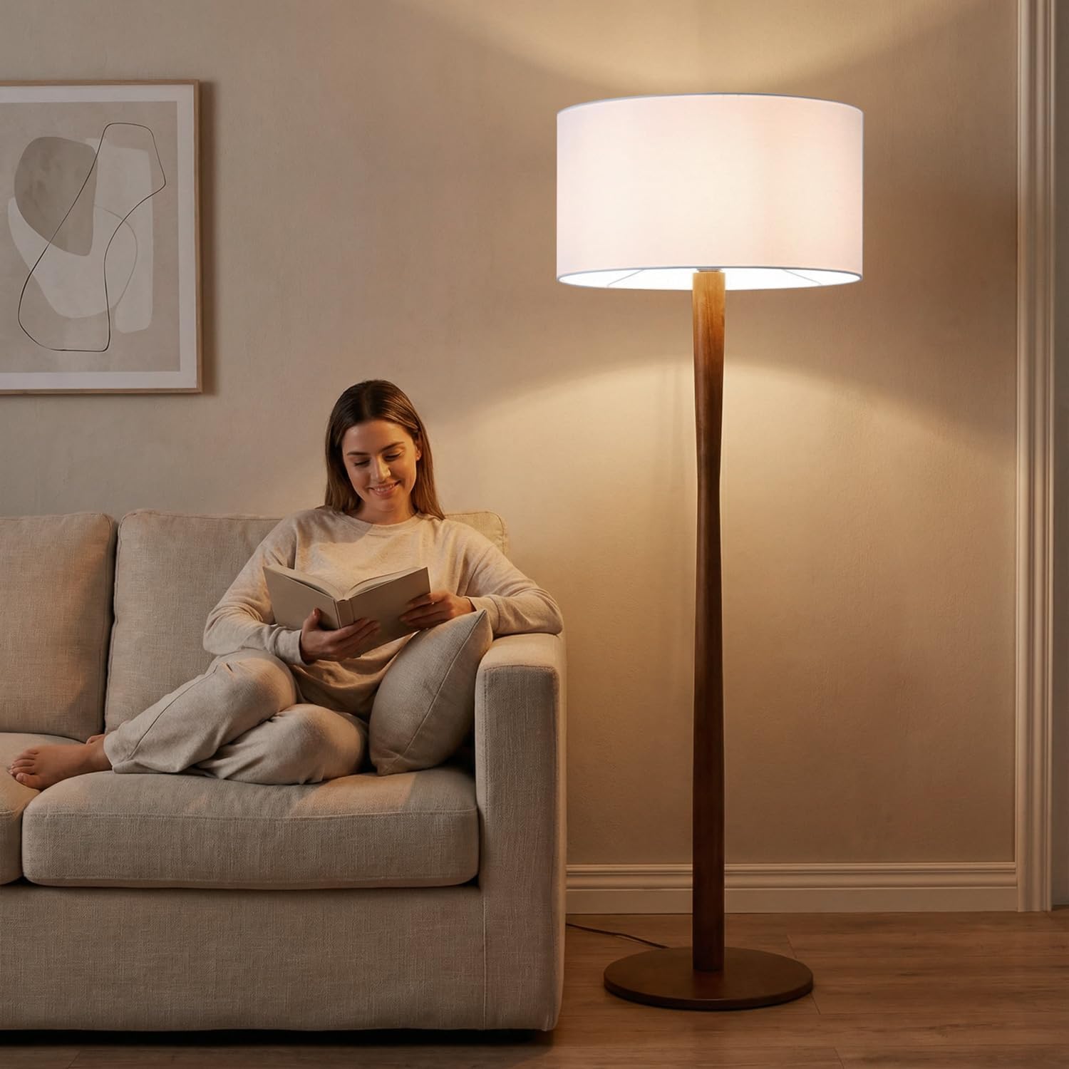 62' Tall Rustic Wood Floor Lamp for Living Room, Farmhouse Walnut Wood Floor Lamps with Linen Shade for Reading, UL Listed Stand Lamps with Woods Base for Bedroom, Corner, Office, White Shade