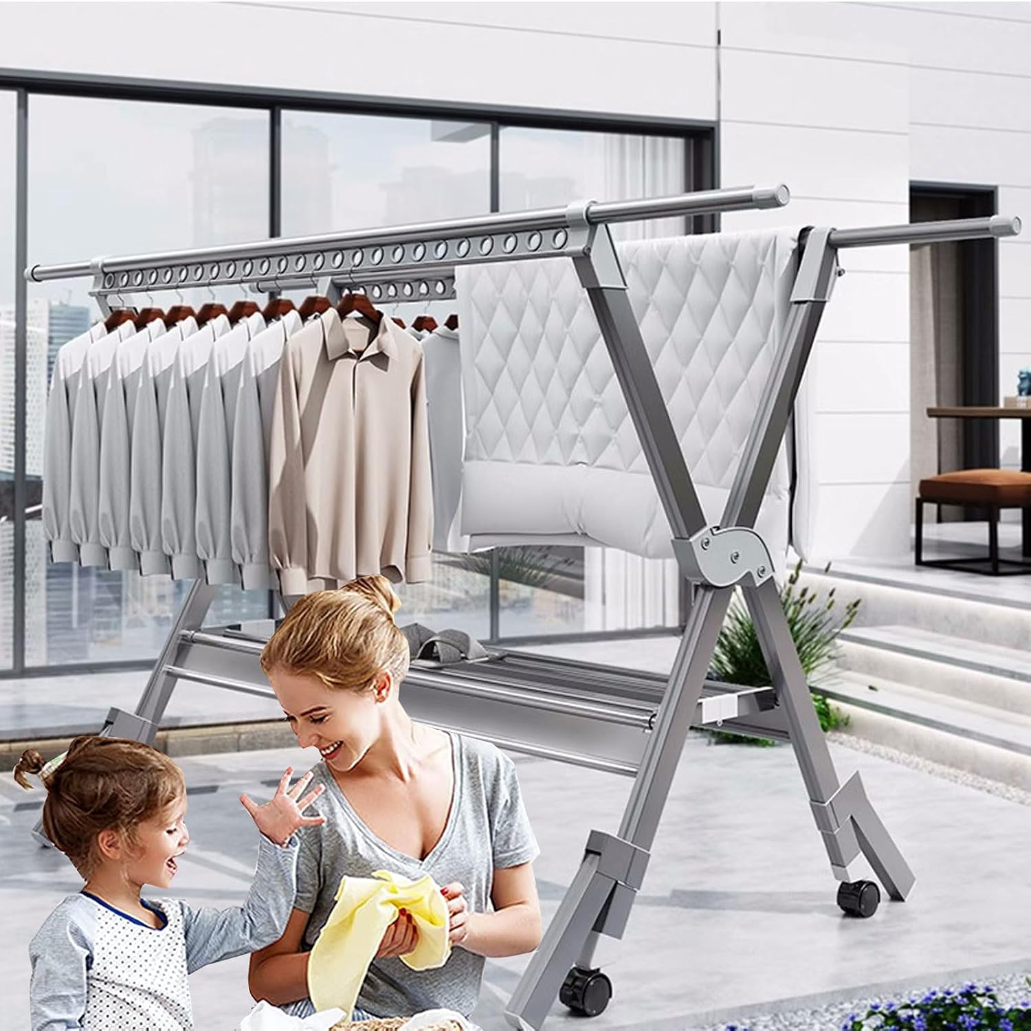 Clothes Drying Racks for Laundry Outdoor, Garment Rack Heavy Duty with Wheels, Aluminum Alloy Laundry Stand Organizer, Laundry Room Racks with Shelves (Grey 230cm/91in)