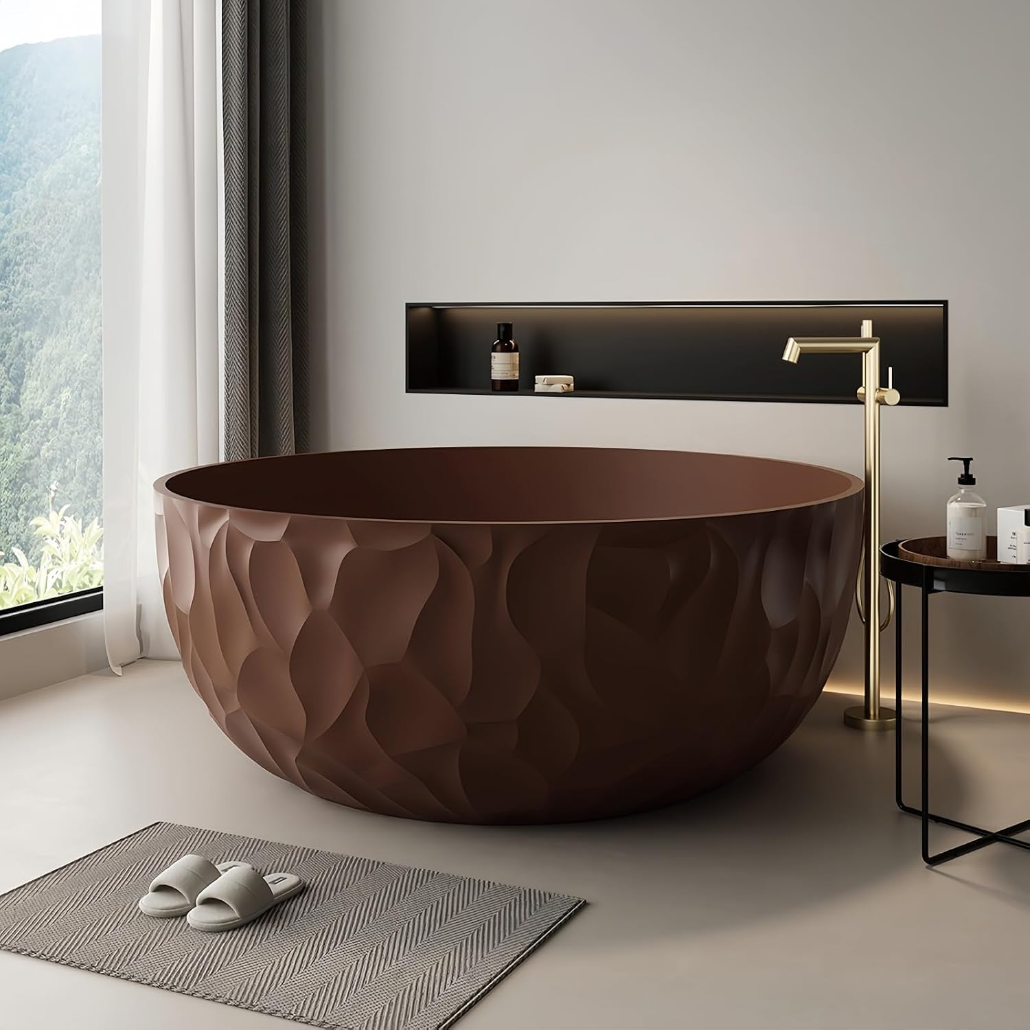 67' Edeyeu Freestanding Bathtub – Modern Solid Surface Bathtub With Ripple Design, Extra Deep Soaking Tub, Ergonomic Stand Alone Tub For Luxury Bathroom Spaces I