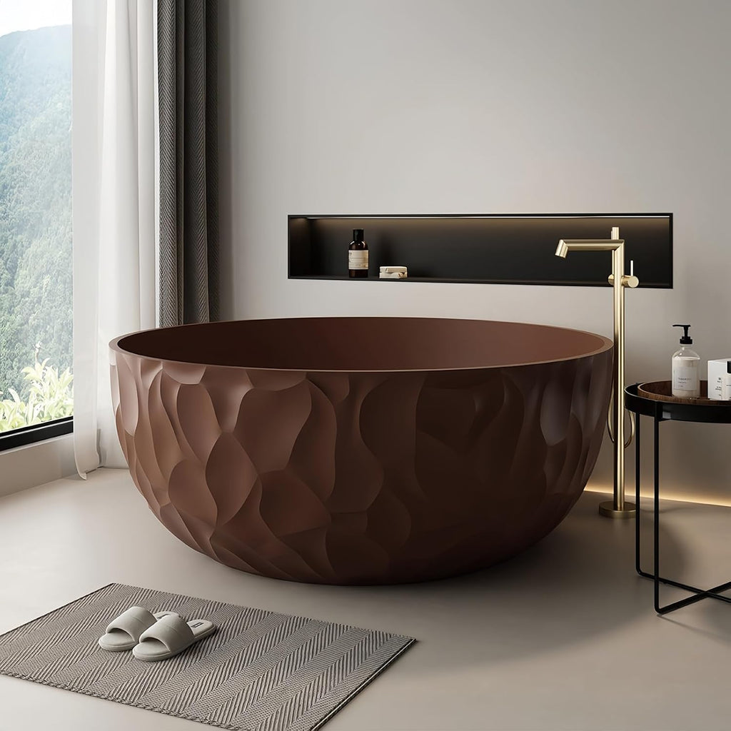 63' Edeyeu Freestanding Bathtub – Modern Solid Surface Bathtub With Ripple Design, Extra Deep Soaking Tub, Ergonomic Stand Alone Tub For Luxury Bathroom Spaces I