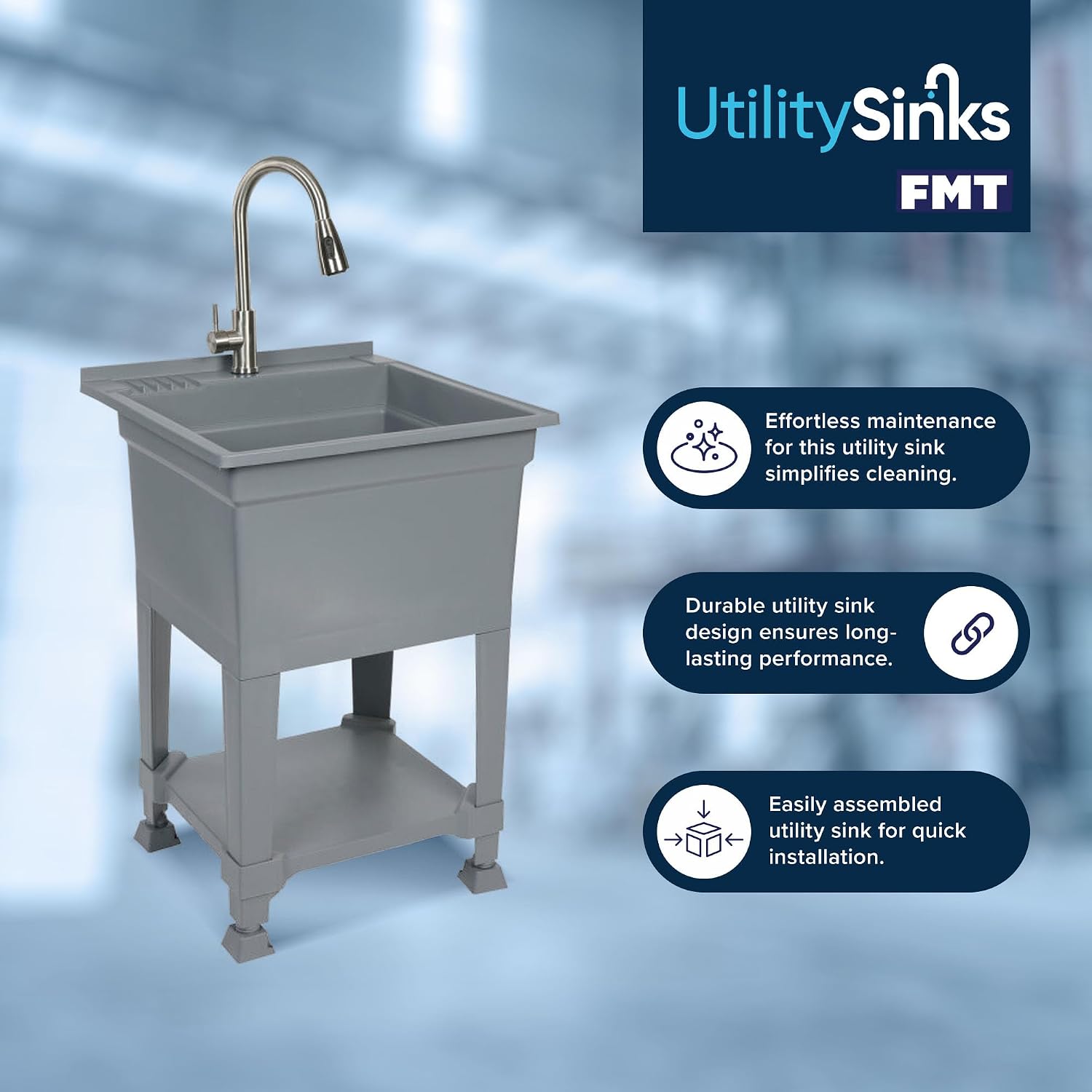 UTILITYSINKS Freestanding Utility Tub Sink with Quick Connect Drain, 24 x 24', Gray - Portable and Compact Sink with Faucet for Outdoor Kitchen, Laundry Room, Garage, and Basement
