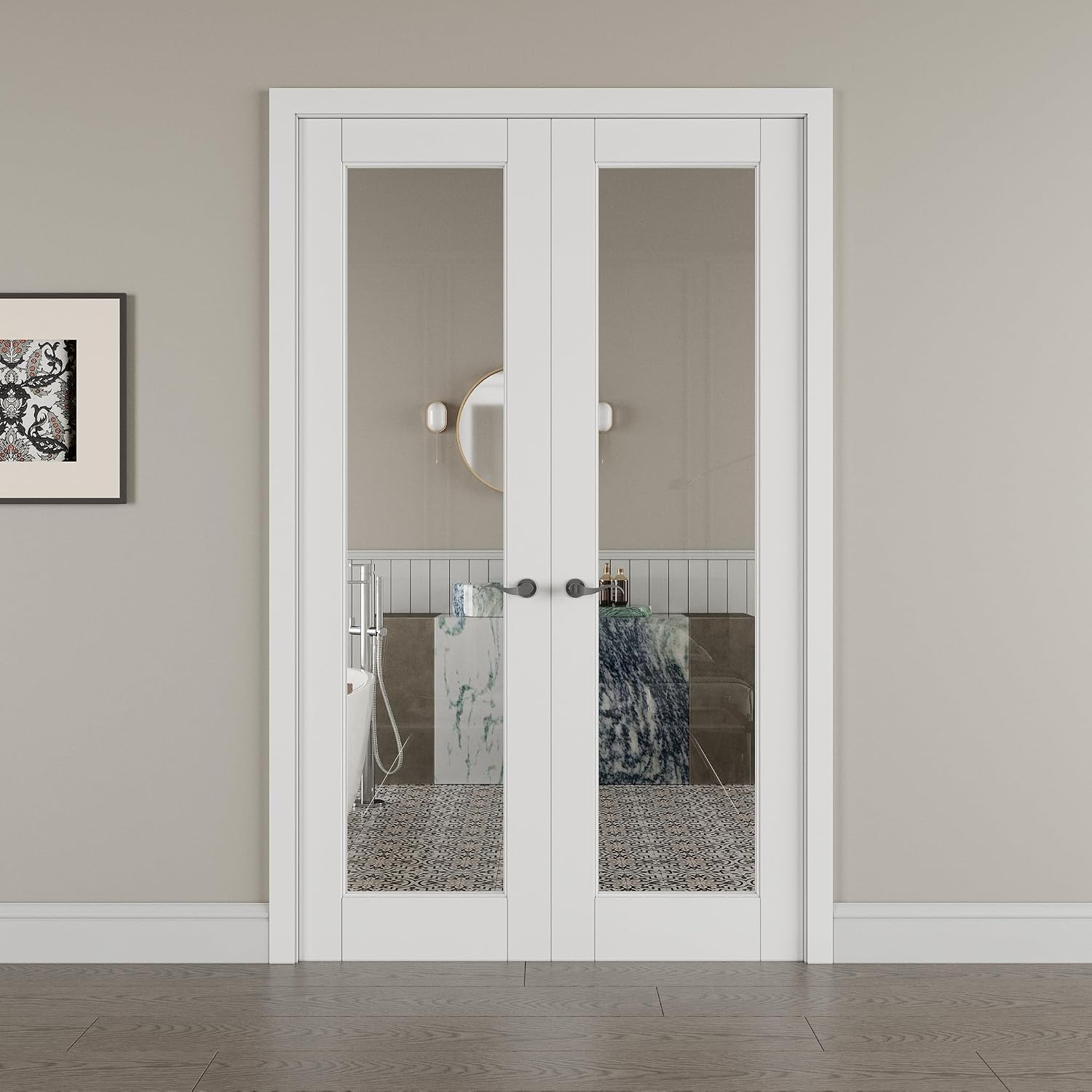 48' x 80' French Doors Interior (Double 24' x 80' Clear Glass Door with Black Hinge Prehung Jamb Kit), Pre-Finished & Paintable, Prebuilt Home Door Panels & Assembly Required Jamb