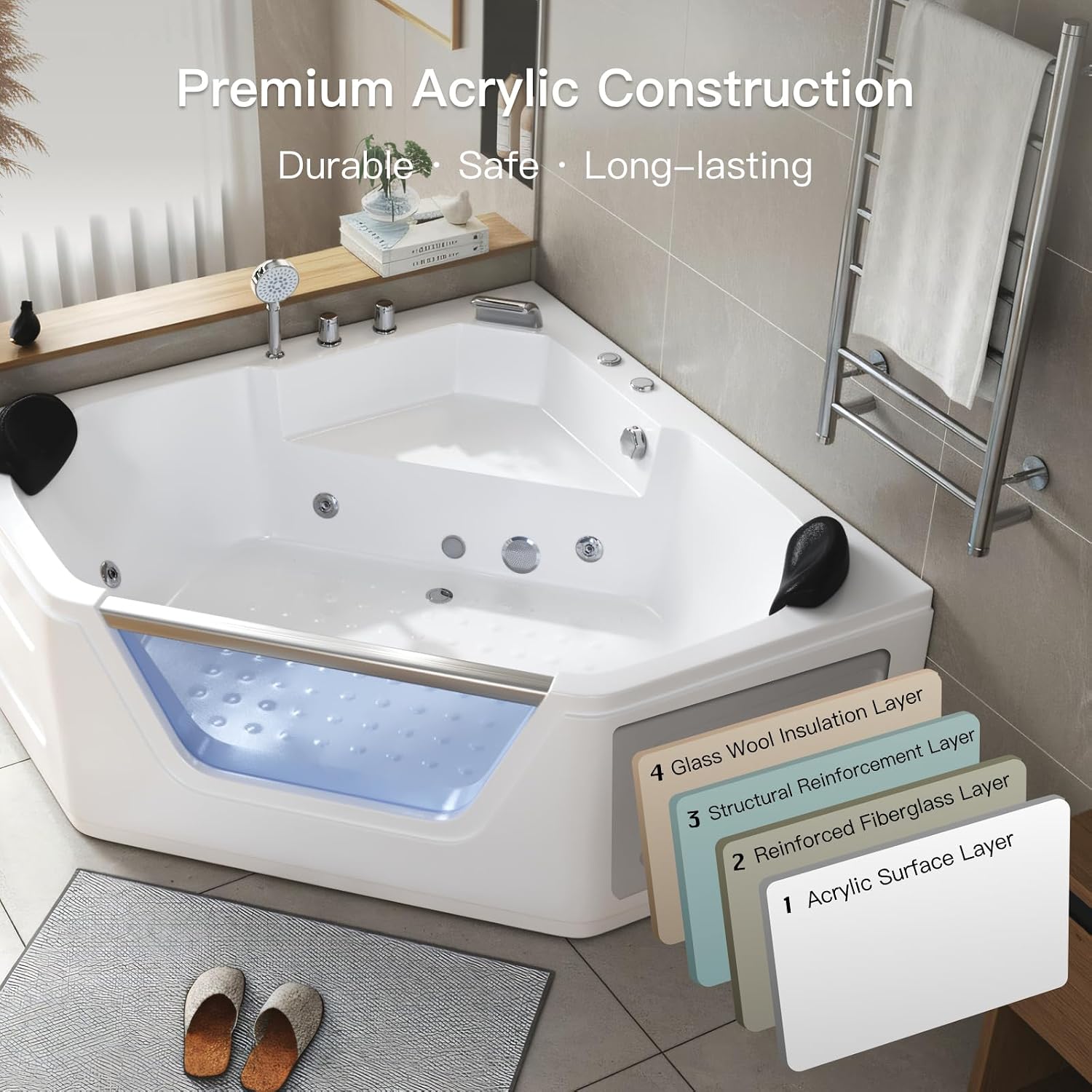 59x59 Corner Jetted Tub - Luxury White Whirlpool Acrylic Bathtub with 7 Color Light Ideal for Couples' Relaxation and Wellness Home Spa, Ergonomical Bathtub Includes Faucet & 2 Bath Pillows