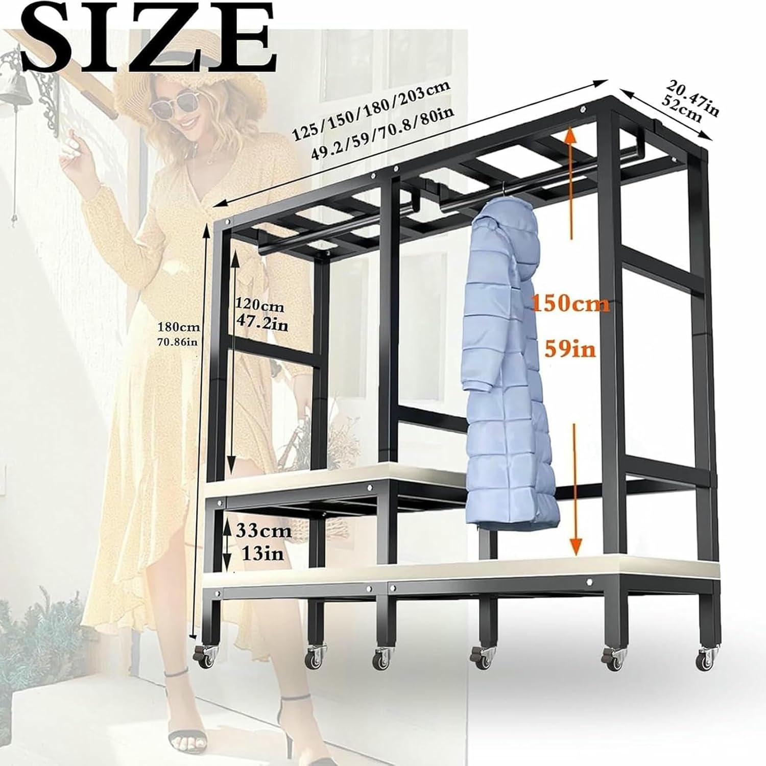 Large Foldable Clothing Rack With Cover Heavy Duty Metal Clothes Racks On Wheels Loads 2000LBS Covered Wardrobe Closet For Hanging Clothes