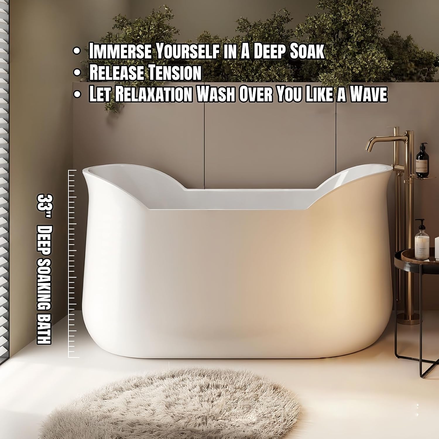 59' Edeyeu Freestanding Bathtub - Luxurious Solid Surface Soaking Tub, Extra Deep & Wide for Ultimate Relaxation, Durable Stand Alone Bath Crafted From Premium Acrylic Materials White A