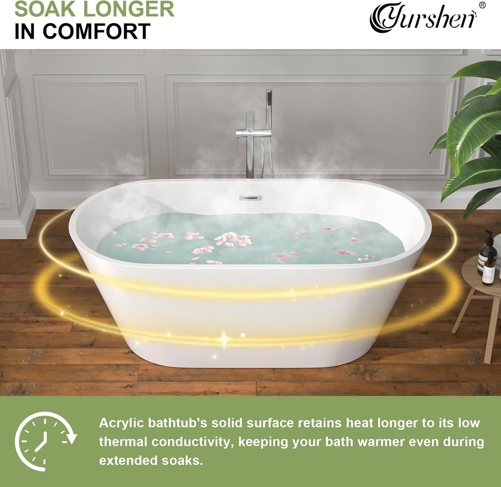 59 Inch Freestanding Acrylic Bathtub White Roll Top Soaking Tub with Chrome Drain Glossy Finish for Modern Bathrooms, YSB9218