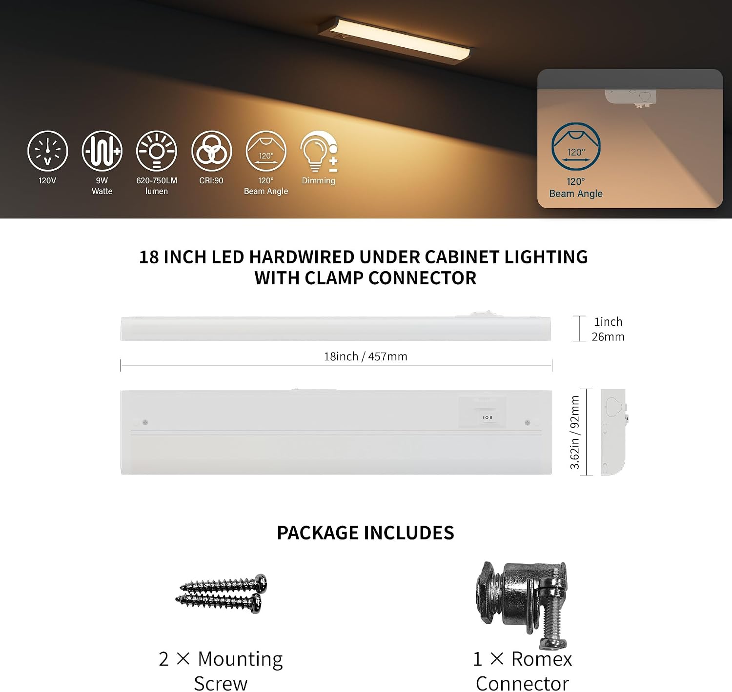 ZAGO 18 Inch LED Hardwired Under Cabinet Lighting with Clamp Connector, 5CCT Switchable, Undercounter Led Lights for Kitchen, 120V, 9W, 620-750LM, ETL & Damp Rated, White, 4 Packs
