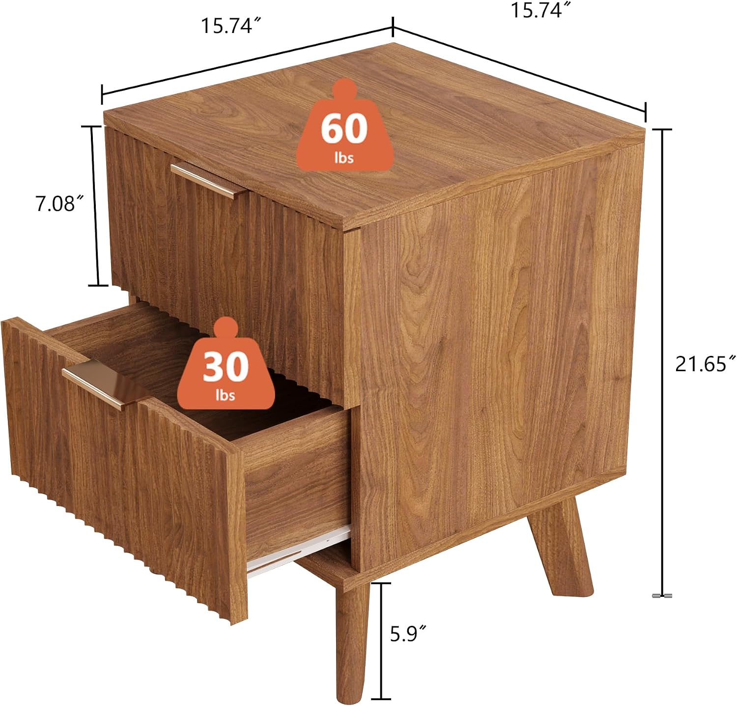 Nightstands Set of 2 with Drawers, Modern Large Striped Bed Side Table with 2 Drawers, Mid Century Modern Night Stand Set for Bedroom, Bedside End Table with Storage and Solid Wood Legs (Walnut)