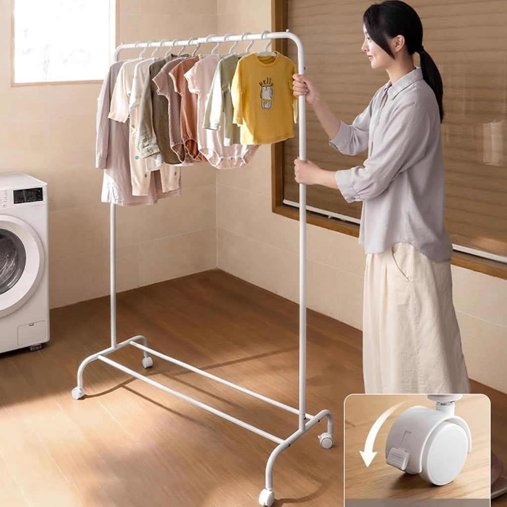Garment Rack Heavy Duty Clothing Rack with Wheels, White Metal Clothes Rack with Hanging Rod and 4 Hooks, Retail Display Rack for Hanging Clothes, Portable Clothes Organizer for Bedroom