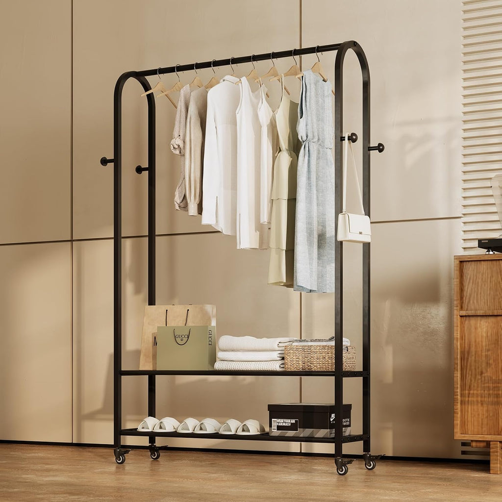 Sturdy Heavy Duty Clothes Rack With Wheels,Modern Clothing Rack With Shelves & hooks, Garment Racks for Hanging Clothes,Closet Rack for Bedroom,49.2in Wide,Clothes Storage and Display (black)