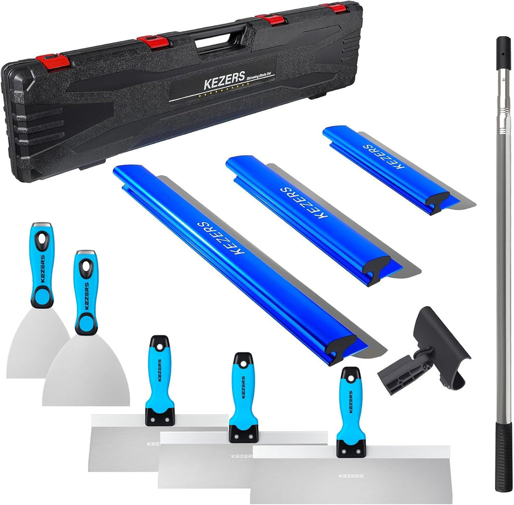 KEZERS Drywall Tool Kit 8-Piece Skimming Blade Set with Extension Handle – 5 Putty/Taping Knives (4'-12') & 5 Skimming Blades (12'-32') for Drywall, Plaster, and Compound Work