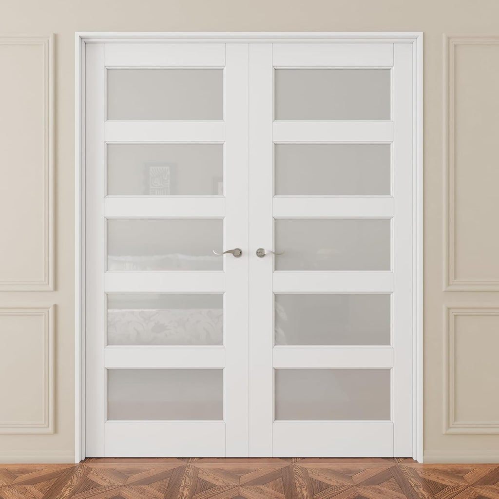 French Door 64' x 80' (Double 32' x 80') 5-Lite Frosted Glass Door Slabs with Pre-hung Jamb, Silver Hinges, Levers and Latch, White Primed, French Interior Doors with frame, Swing Double Bedroom Doors
