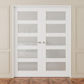 French Door 64' x 80' (Double 32' x 80') 5-Lite Frosted Glass Door Slabs with Pre-hung Jamb, Silver Hinges, Levers and Latch, White Primed, French Interior Doors with frame, Swing Double Bedroom Doors